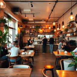 A cozy and inviting cafe interior, filled with warm lighting, rustic wooden tables, and comfortable seating