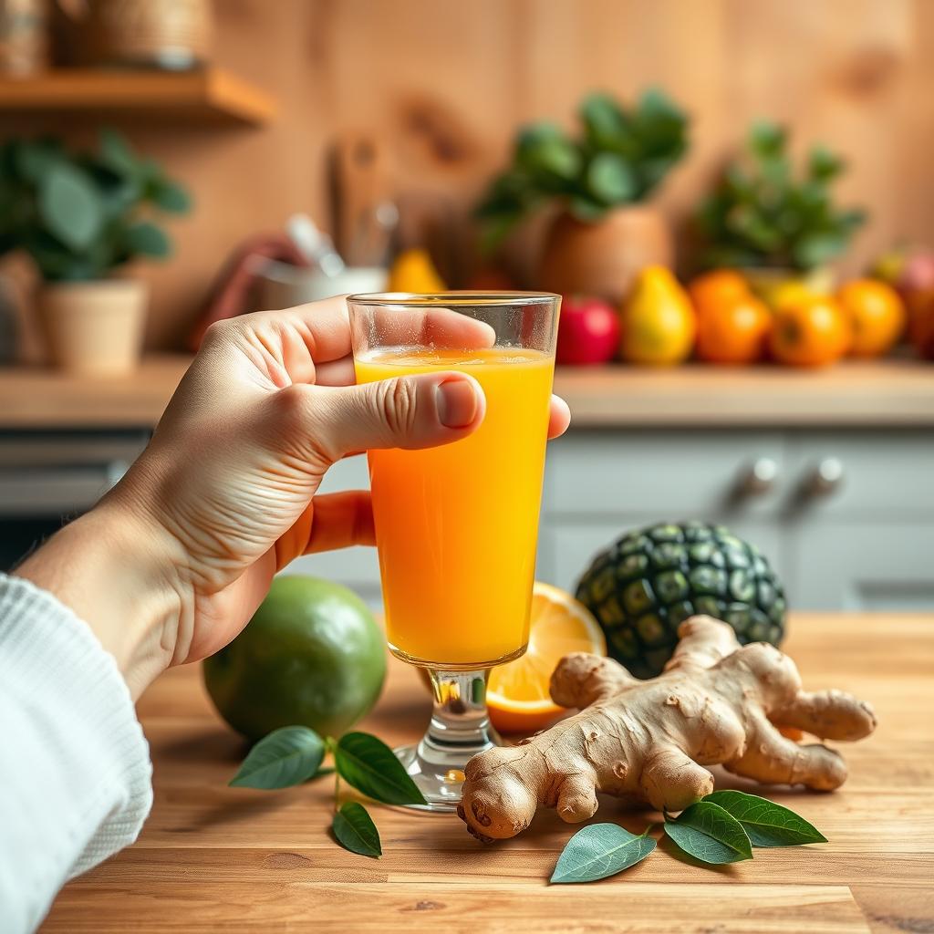 A close-up photo of a hand holding a glass of juice against a background that suggests a warm and cozy kitchen or a refreshing garden