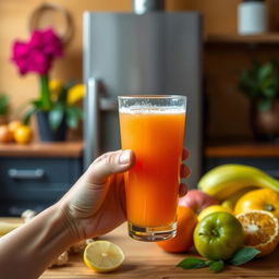 A close-up photo of a hand holding a glass of juice against a background that suggests a warm and cozy kitchen or a refreshing garden