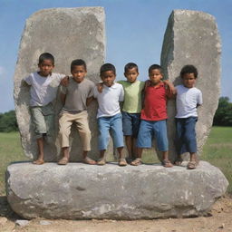 A dynamic image demonstrating the four children, each representing different racial communities, struggling individually to move the heavy stone, their effort and determination mirrored in their faces and postures.