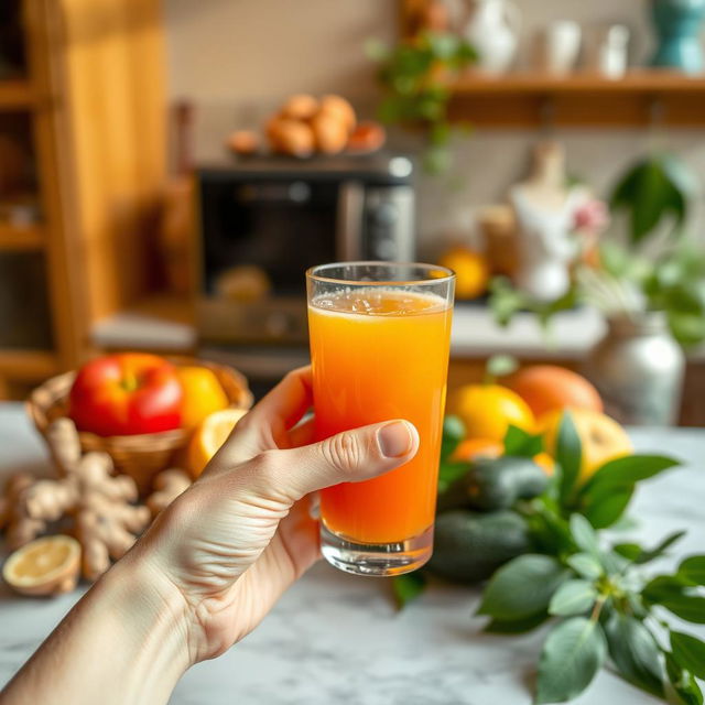 A close-up photo of a hand holding a glass of juice against a background that suggests a warm and cozy kitchen or a refreshing garden