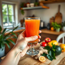 A close-up photo of a hand holding a glass of juice against a background that suggests a warm and cozy kitchen or a refreshing garden