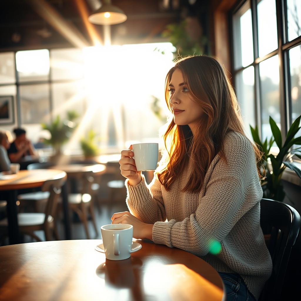 A cozy cafe setting with a woman sitting alone at a wooden table, sipping a hot cup of coffee