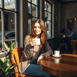 A cozy cafe setting with a woman sitting alone at a wooden table, sipping a hot cup of coffee