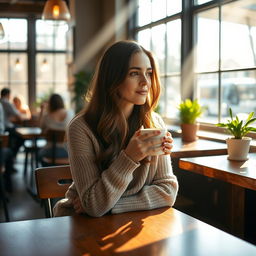 A cozy cafe setting with a woman sitting alone at a wooden table, sipping a hot cup of coffee