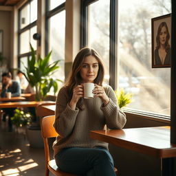 A cozy cafe setting with a woman sitting alone at a wooden table, sipping a hot cup of coffee