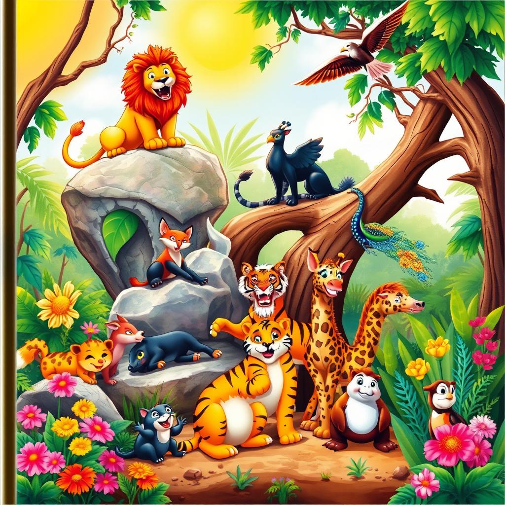 A vibrant children's book cover featuring a dynamic jungle scene with various animals