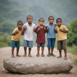 A dynamic image demonstrating the four children, each representing different racial communities, struggling individually to move the heavy stone, their effort and determination mirrored in their faces and postures.