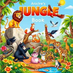 A vibrant children's book cover featuring a dynamic jungle scene with various animals