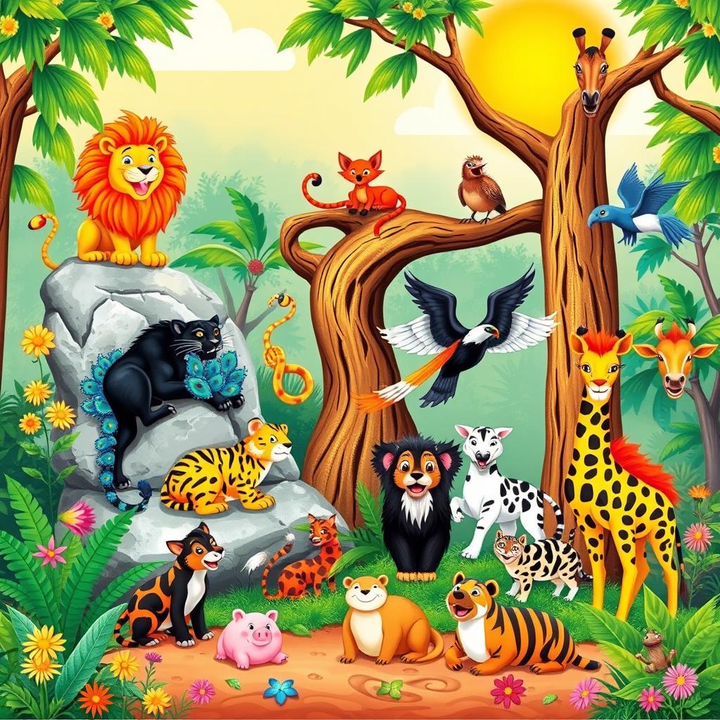 A vibrant children's book cover featuring a dynamic jungle scene with various animals