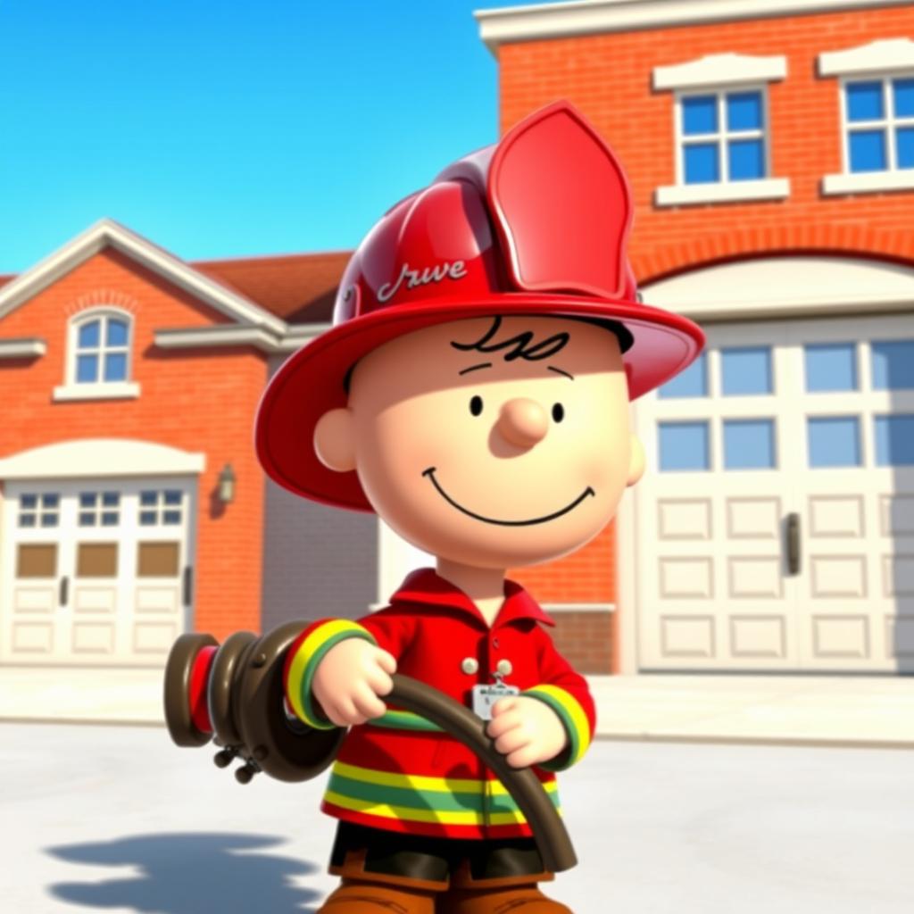 A vibrant digital art featuring the iconic character, Charlie Brown, dressed as a firefighter