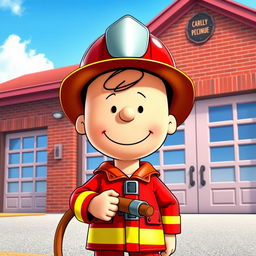 A vibrant digital art featuring the iconic character, Charlie Brown, dressed as a firefighter