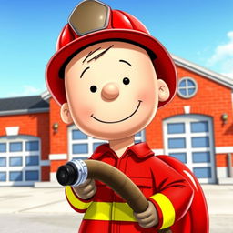 A vibrant digital art featuring the iconic character, Charlie Brown, dressed as a firefighter