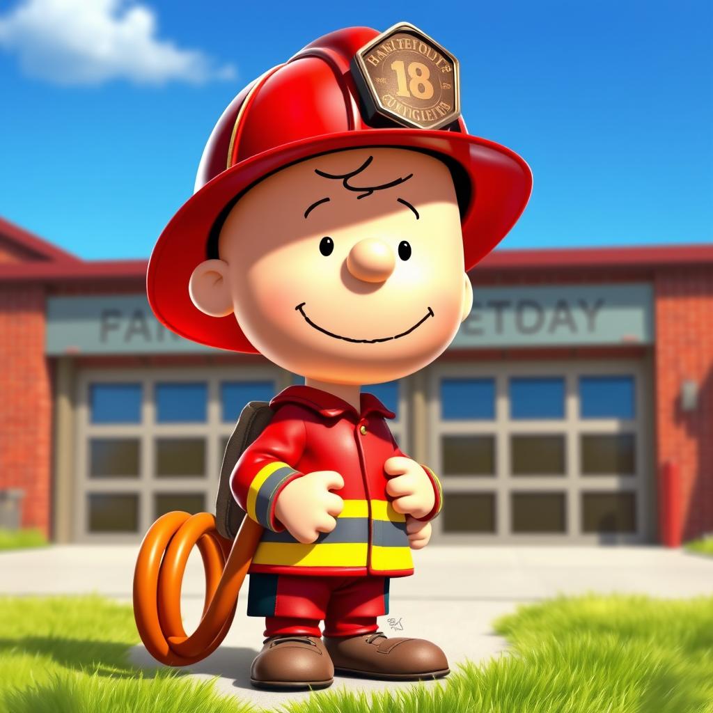 A vibrant digital art featuring the iconic character, Charlie Brown, dressed as a firefighter