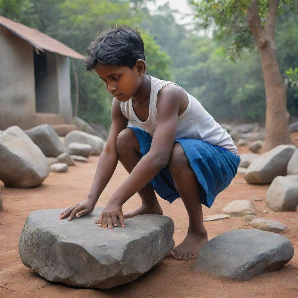 Illustrate a focused scene of the Tamil boy from the four children, exerting all his strength in a determined attempt to move the heavy stone, an embodiment of the challenge facing their community.