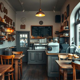 A charming and vintage coffee shop interior, featuring wooden furniture and soft, muted colors