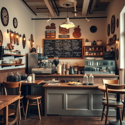 A charming and vintage coffee shop interior, featuring wooden furniture and soft, muted colors