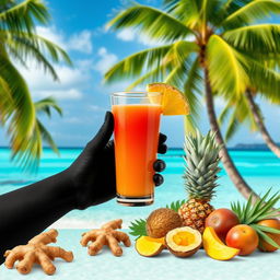 A black hand holding a glass of vibrant-colored juice, the background is a picturesque tropical beach with palm trees and azure blue waters