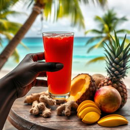 A black hand holding a glass of vibrant-colored juice, the background is a picturesque tropical beach with palm trees and azure blue waters