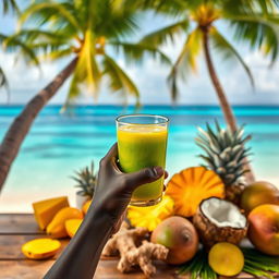 A black hand holding a glass of vibrant-colored juice, the background is a picturesque tropical beach with palm trees and azure blue waters