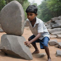 Illustrate a focused scene of the Tamil boy from the four children, exerting all his strength in a determined attempt to move the heavy stone, an embodiment of the challenge facing their community.