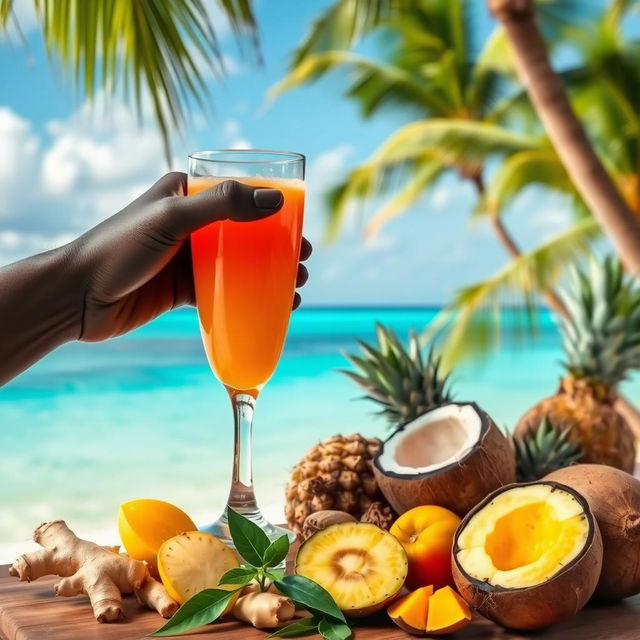 A black hand holding a glass of vibrant-colored juice, the background is a picturesque tropical beach with palm trees and azure blue waters