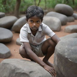 Illustrate a focused scene of the Tamil boy from the four children, exerting all his strength in a determined attempt to move the heavy stone, an embodiment of the challenge facing their community.