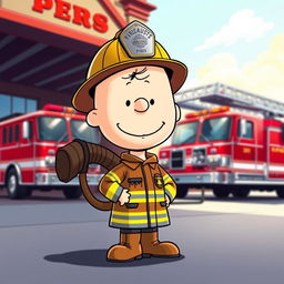 A vibrant digital art piece of the iconic character, Charlie Brown, dressed as a firefighter