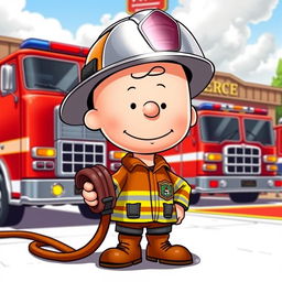 A vibrant digital art piece of the iconic character, Charlie Brown, dressed as a firefighter