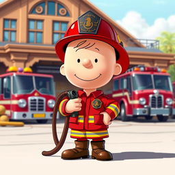 A vibrant digital art piece of the iconic character, Charlie Brown, dressed as a firefighter