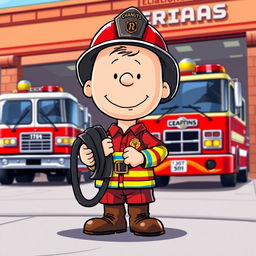 A vibrant digital art piece of the iconic character, Charlie Brown, dressed as a firefighter