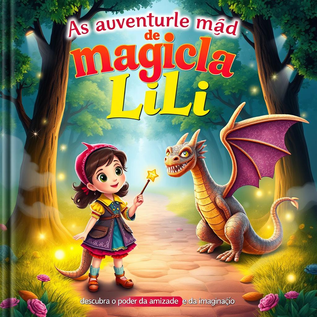 A vibrant book cover for "As aventuras mágicas de Lili descubra o poder da amizade e da imaginação" featuring a whimsical forest scene