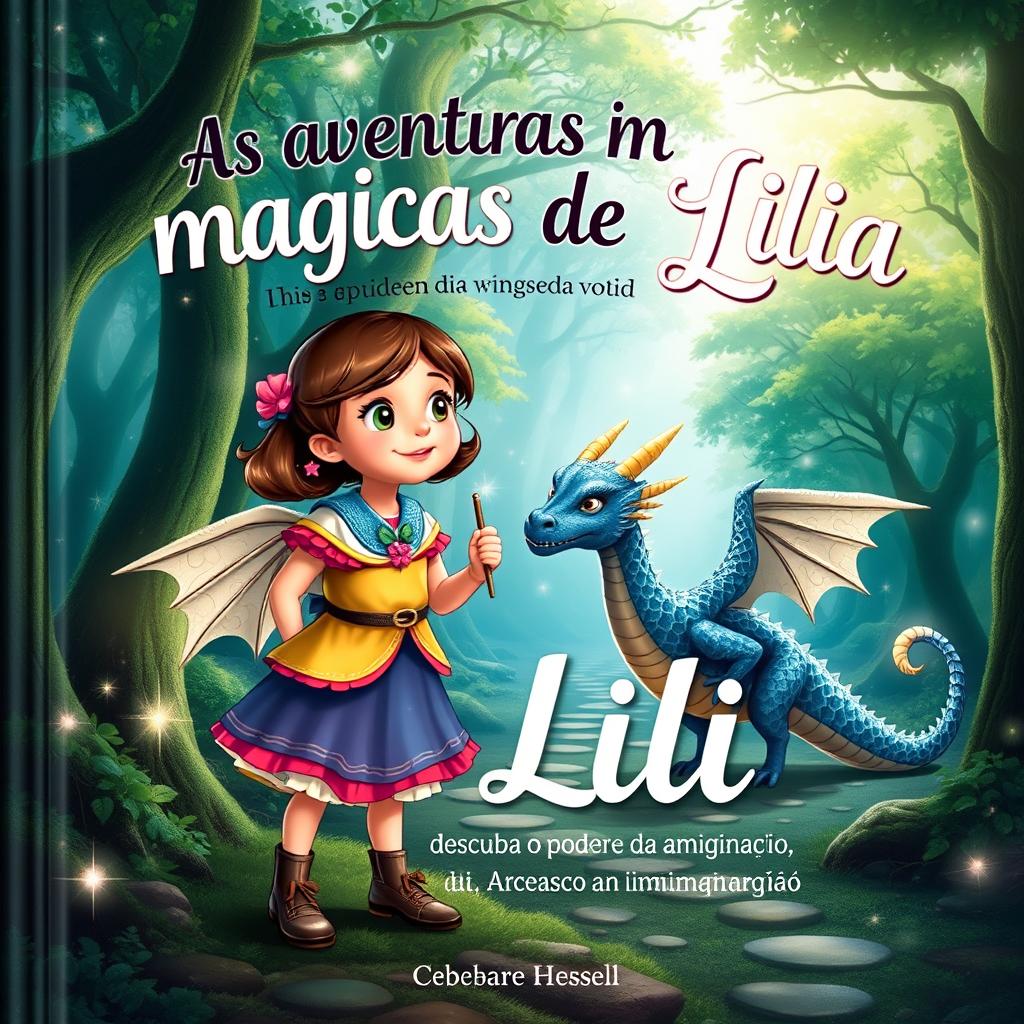 A vibrant book cover for "As aventuras mágicas de Lili descubra o poder da amizade e da imaginação" featuring a whimsical forest scene