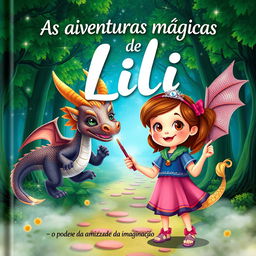 A vibrant book cover for "As aventuras mágicas de Lili descubra o poder da amizade e da imaginação" featuring a whimsical forest scene