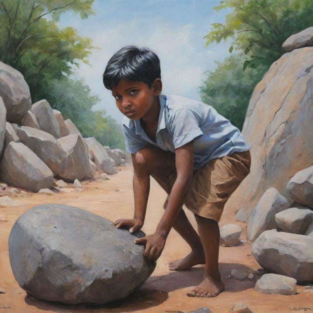 Illustrate a focused scene of the Tamil boy from the four children, exerting all his strength in a determined attempt to move the heavy stone, an embodiment of the challenge facing their community.