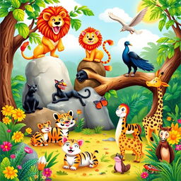 A vibrant children's book cover featuring a jungle scene with various animals