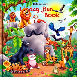 A vibrant children's book cover featuring a jungle scene with various animals