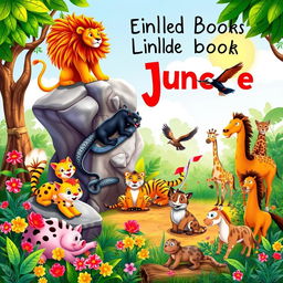 A vibrant children's book cover featuring a jungle scene with various animals