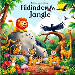 A vibrant children's book cover featuring a jungle scene with various animals