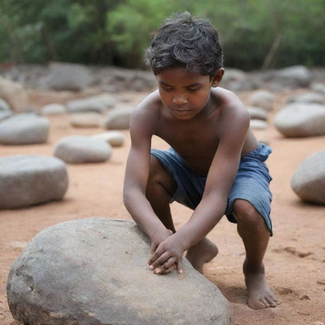 Capture a poignant moment where the Tamil boy is striving to move the heavy stone alone, marked by his intense effort and determination, but the stone remains unmoved, symbolizing the difficulty of overcoming community challenges single-handed.