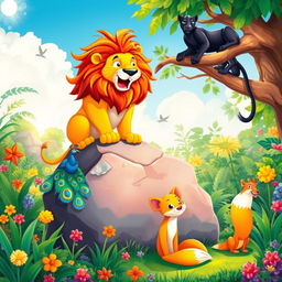 A vibrant children's book scene featuring a roaring lion perched majestically on a large stone, its mane flowing in the wind