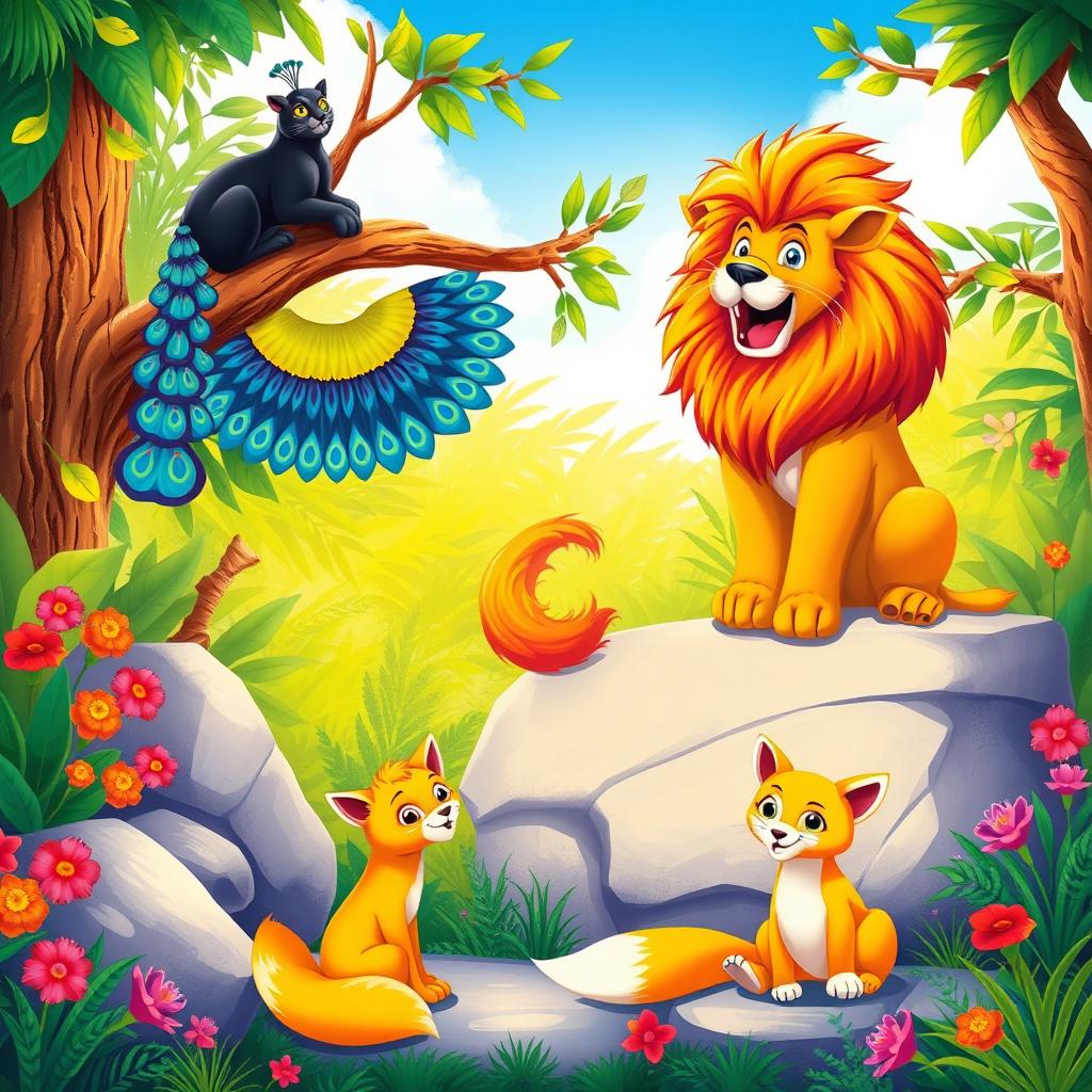 A vibrant children's book scene featuring a roaring lion perched majestically on a large stone, its mane flowing in the wind