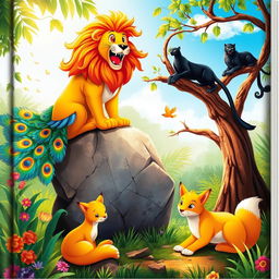 A vibrant children's book scene featuring a roaring lion perched majestically on a large stone, its mane flowing in the wind