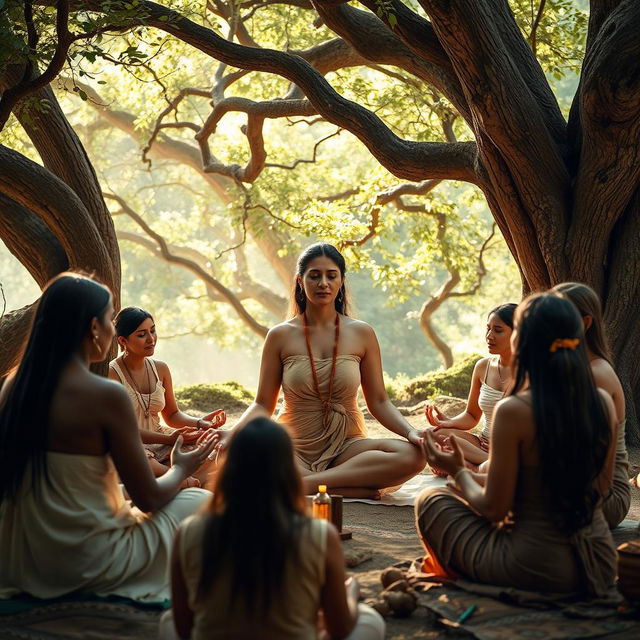 A tranquil and mystical gathering symbolizing the healing of the uterus and connection with ancestral energies