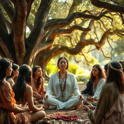 A tranquil and mystical gathering symbolizing the healing of the uterus and connection with ancestral energies