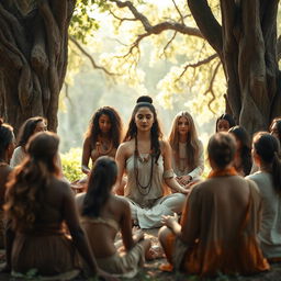 A tranquil and mystical gathering symbolizing the healing of the uterus and connection with ancestral energies