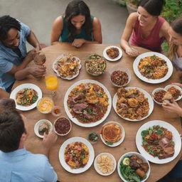 A group of friends gathered around a table, enjoying a delicious, vibrant feast with laughter and good conversation.