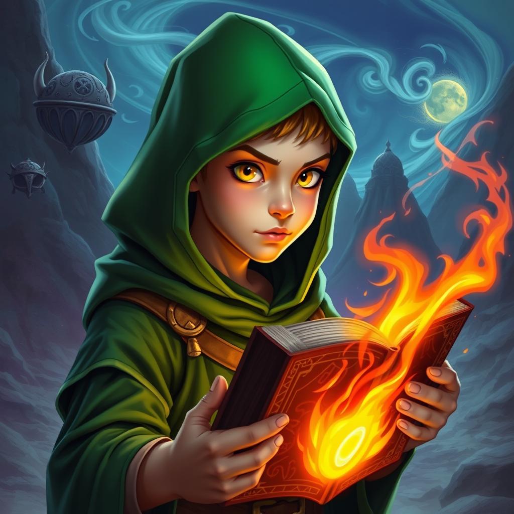 a young cyclops mage, wearing a green hood, bald, clean-shaven, teenage appearance with a single yellow eye, holding a burning spellbook in a fantastical setting