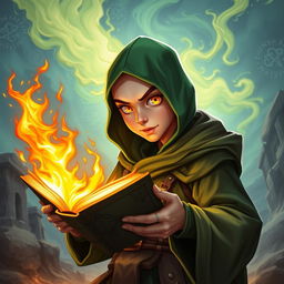 a young cyclops mage, wearing a green hood, bald, clean-shaven, teenage appearance with a single yellow eye, holding a burning spellbook in a fantastical setting