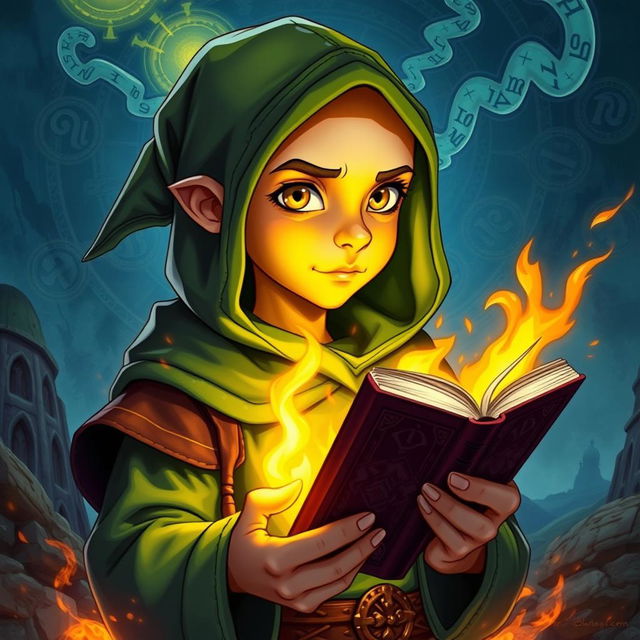 a young cyclops mage, wearing a green hood, bald, clean-shaven, teenage appearance with a single yellow eye, holding a burning spellbook in a fantastical setting